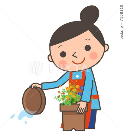 鉢植えの受け皿の水を捨てる女性のイラスト素材