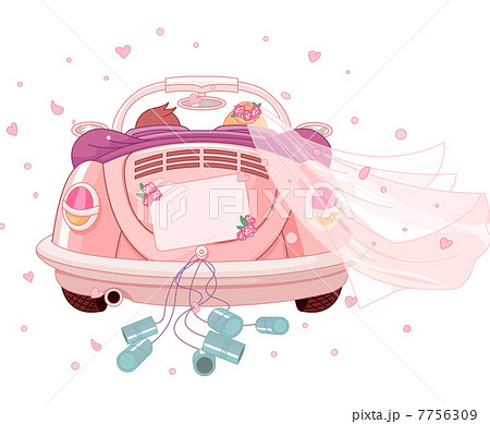 新婦退場 二人 恋 かわいい 幸せ 車 レトロの写真素材