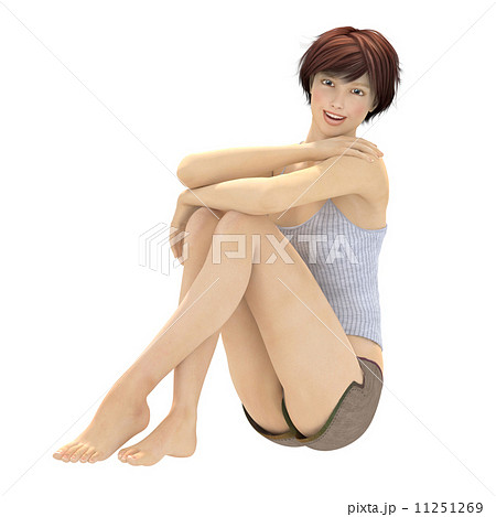 女性 タンクトップ ショートパンツ 座るのイラスト素材