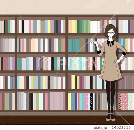 本棚 本 女性 ワンピースのイラスト素材