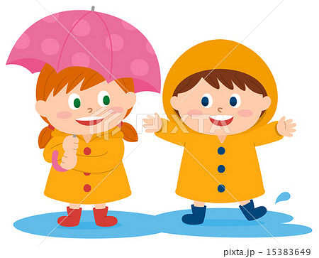 かっぱ 水たまり 梅雨 子供のイラスト素材