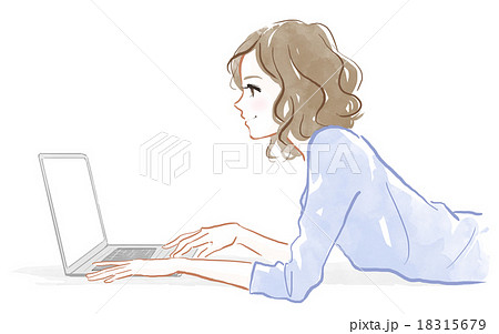 女性 パソコン ノートパソコン 寝るのイラスト素材