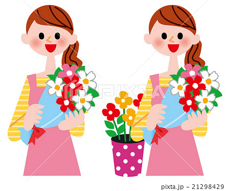 花束 女性 笑顔 花屋さんのイラスト素材 Pixta