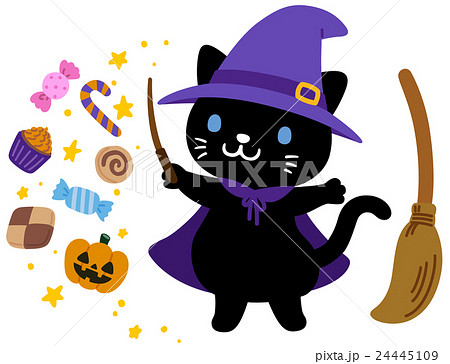 ハロウィン 猫 黒猫 魔法使いのイラスト素材