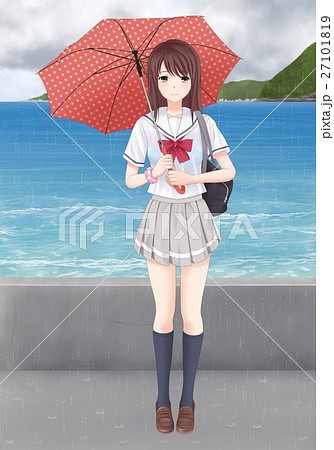 傘 雨 高校生 女の子のイラスト素材