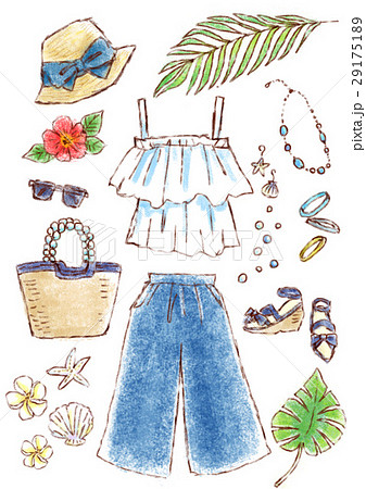 夏のファッション 夏 手描き風入イラスト 夏のおしゃれのイラスト素材