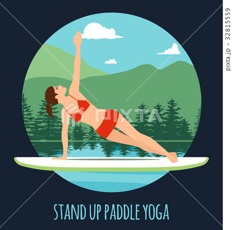 Woman practice yoga asana on paddle board at night