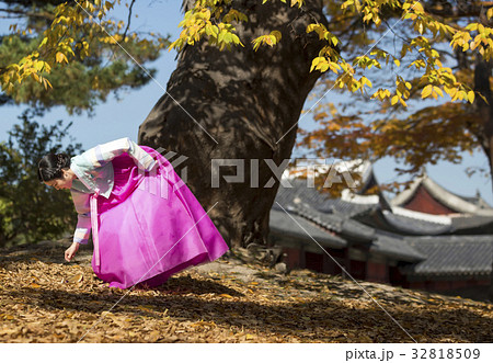 人物 女性 落ち葉拾い 若いの写真素材