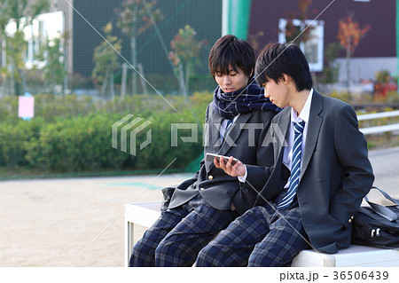 友達 男子高生 2人 校庭の写真素材