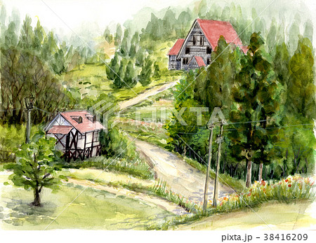 山道 水彩 山 水彩画のイラスト素材 山道 水彩 山 水彩画のイラスト素材