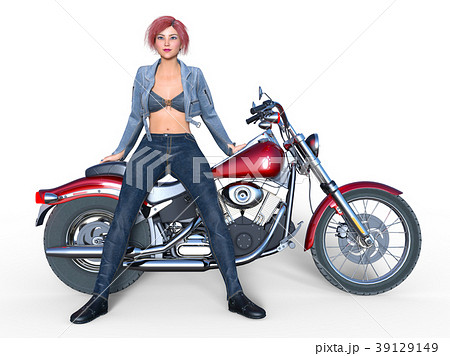 女性ライダー バイクの写真素材