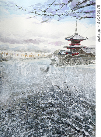水墨画】三水公平/雪の清水寺/世界遺産/京都/真作/墨絵/絵画/額