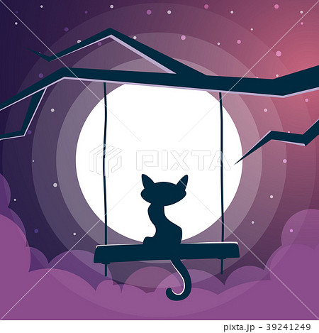 Cat illustration. Cartoon night landscape.