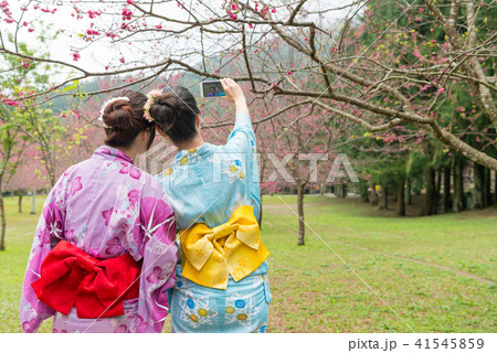 着物 自撮り 桜 背中の写真素材