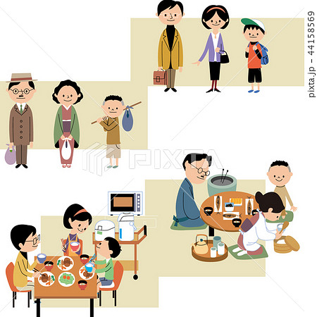 昭和と平成の家庭生活のイラスト素材
