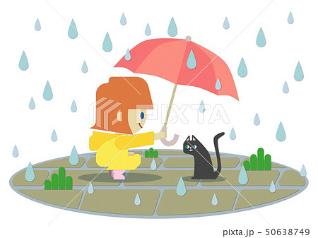 雨 傘 女の子 猫のイラスト素材