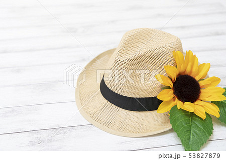 ひまわり 麦わら帽子 帽子 夏の写真素材
