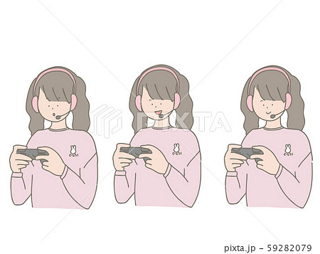 ヘッドセットをつけてゲームをする女の子のイラスト素材 5979