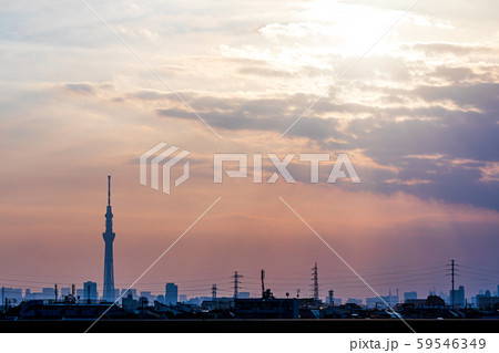夕日 江戸川 土手 町並みの写真素材