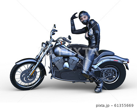 ライダー ポーズ バイク 女性の写真素材