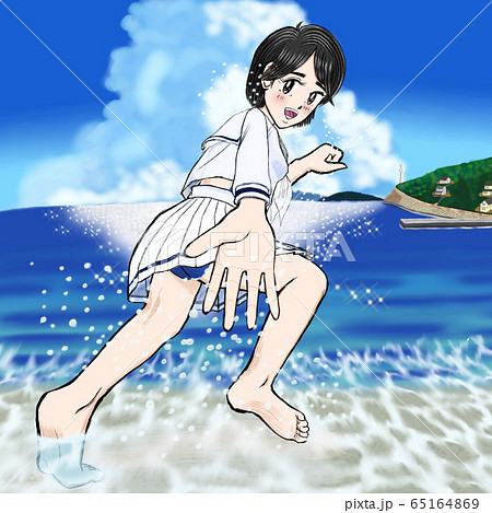 海辺 ワンピース 女の子 海のイラスト素材