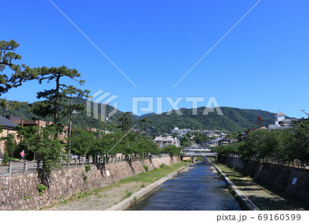 芦屋川 芦屋市 六甲山 桜並木の写真素材