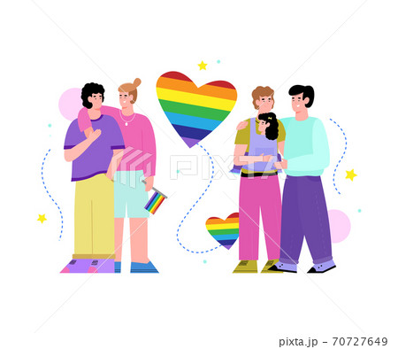 LGBT couples with rainbow symbolic, flat cartoon vector illustration isolated.