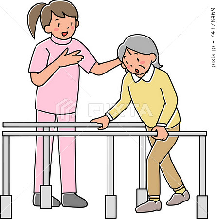 リハビリ 歩行訓練 おばあさん 女性のイラスト素材