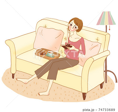 人物 女性 座る ソファ 女の子のイラスト素材