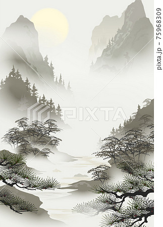 朝霧水墨画 霧の写真素材 - PIXTA