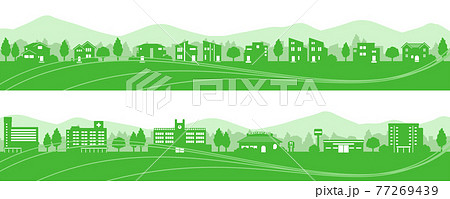 街並み 町並み 緑 山並みのイラスト素材