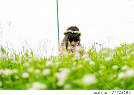花 花畑 女の子 座るの写真素材