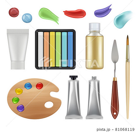 Art supplies seamless pattern. Drawing items, palette of paints