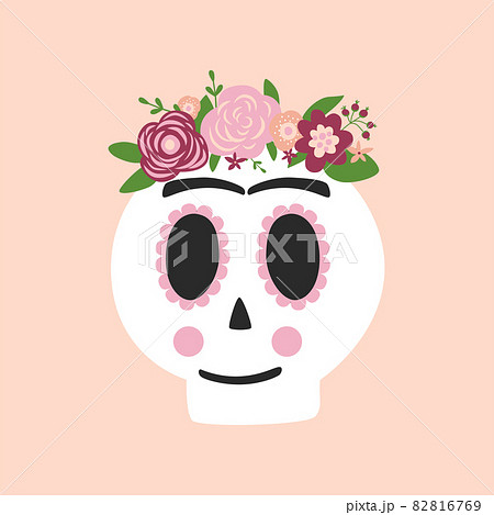 mexican sugar skull with flowers and design elements isolated on