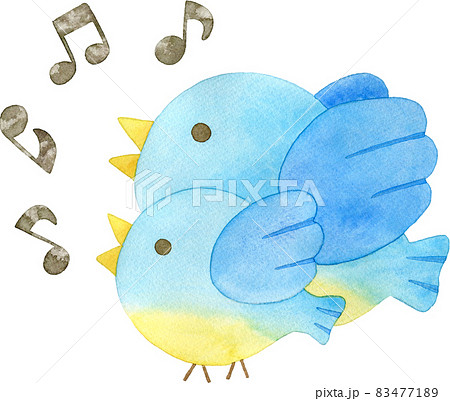 歌を歌う青い鳥の親子と音符