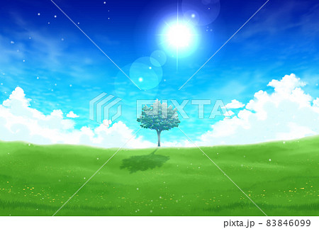 太陽 木 レンズフレア 青空のイラスト素材