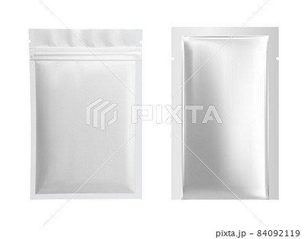 Plastic foil bag with hole in paper clip, vector realistic 3d mockup.  Transparent plastic bag package, products display doypack pouch and sachet  pack Stock Vector