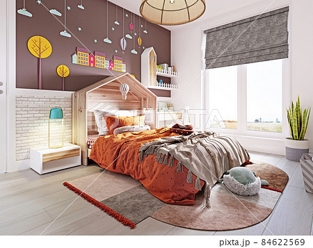 ベッドルーム ベッド 白 オシャレのイラスト素材