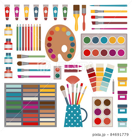 Art supplies seamless pattern. Drawing items, palette of paints