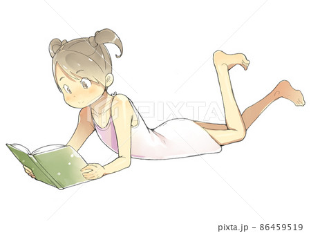 寝そべる 読書 女性 イラストのイラスト素材
