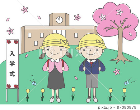 春 校庭 桜 学校のイラスト素材