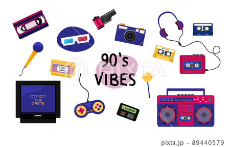 90s Stickers Pack. Set Of Trendy Retro Elements. Bright Vector