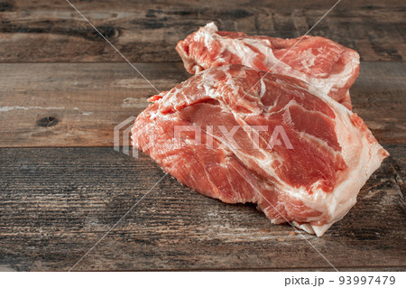 Seamless Pattern with raw pork meat slices on white background