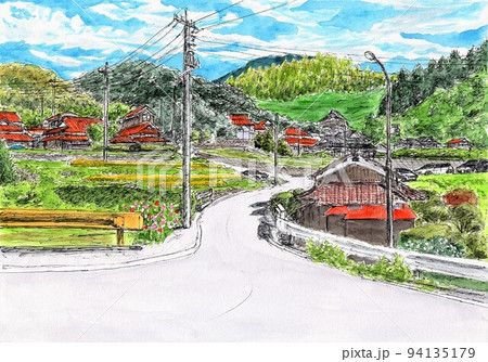 風景画 水彩画 里山 坂道の写真素材 - PIXTA