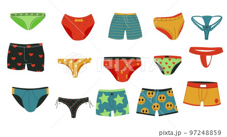 Stockvektorbilden Types of panties , women underwear. Lingerie. Bikini,  string, hipsters underpants vector illustrations
