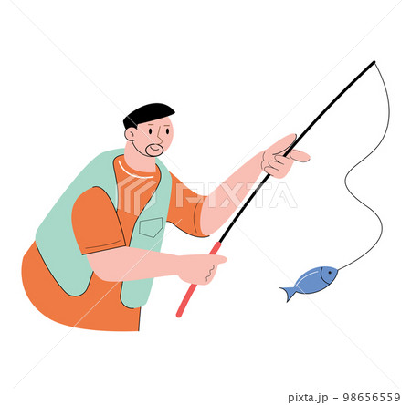 Vector Cartoon Illustration Of Man Or Fisherman Holding Big Or