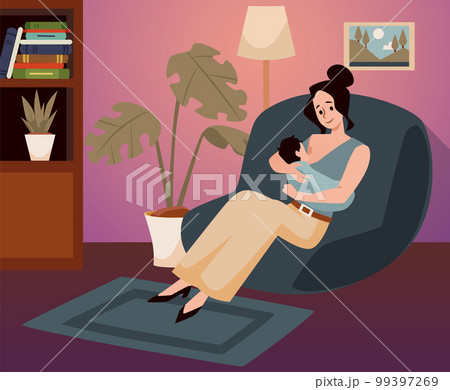 Breastfeeding illustration, mother feeding a baby with breast with