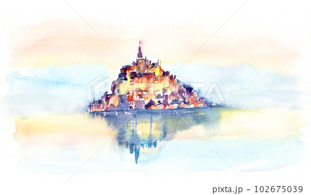 モンサンミッシェル 水彩 風景 水彩画のイラスト素材 - PIXTA