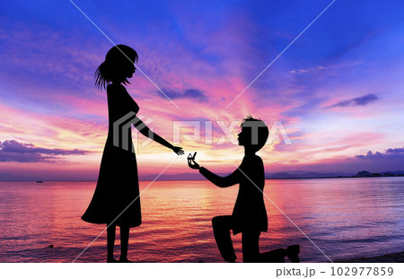 美品！夕焼けの海とヤシの木カップル シルエットフレーム⭐︎迫力の98cm×68cm 夕焼けの海とヤシの木イラスト - No: 22035945｜無料イラスト・フリー