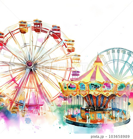 Cartoon flat style drawing of colorful ferris wheel in an